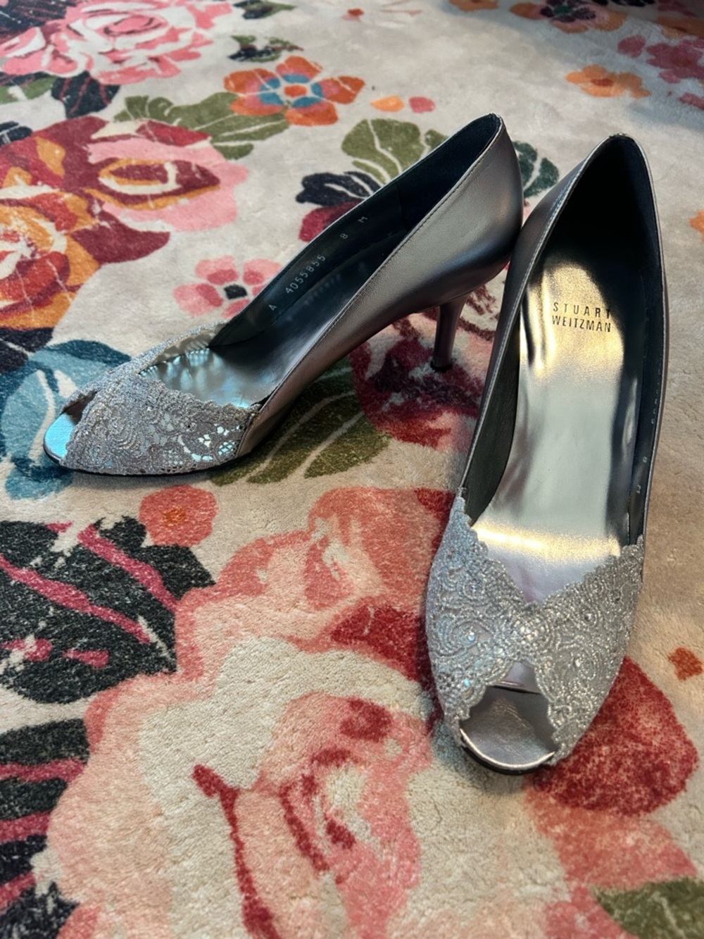 Stuart Weitzman Silver Lace Peep-Toe Heels
